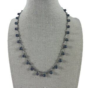 Faux Black Pearl Silver Tone Necklace Marked 16 KCP Italy Beaded Dangle
